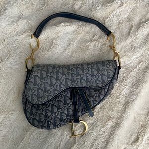 Vintage Dior saddle bag blue denim jacquard gold